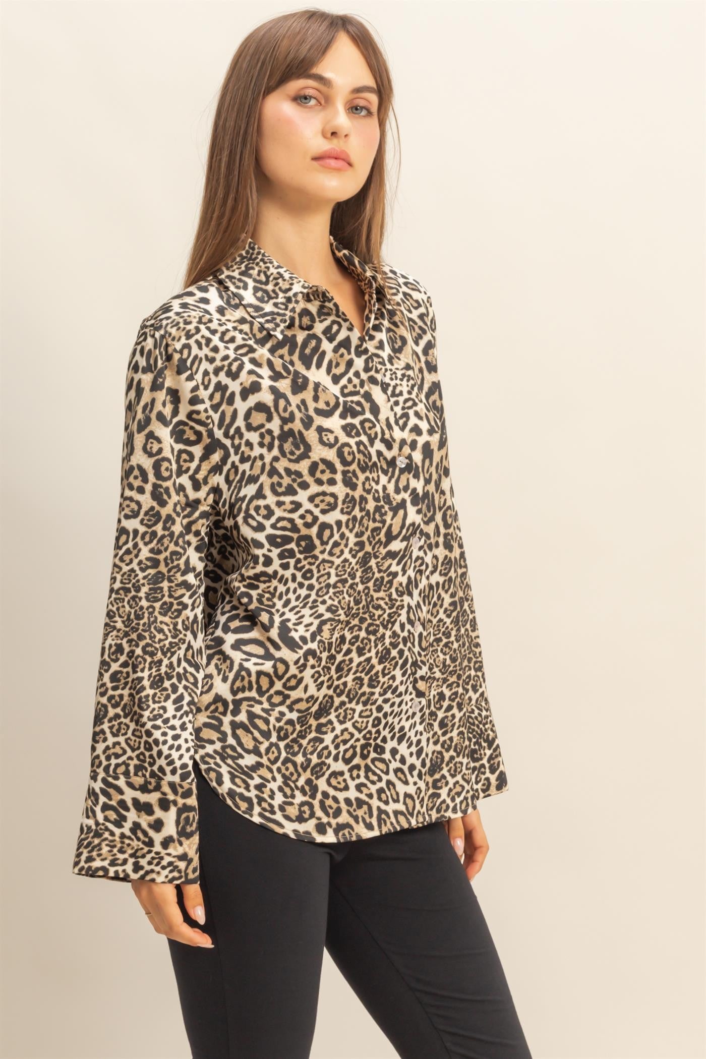 Leopard Print Satin Button-up Shirt