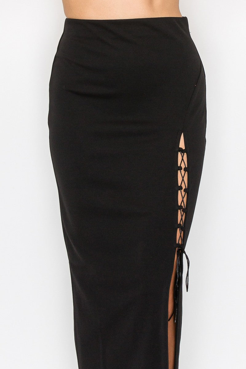 Lace-up Slit High-rise Midi Skirt