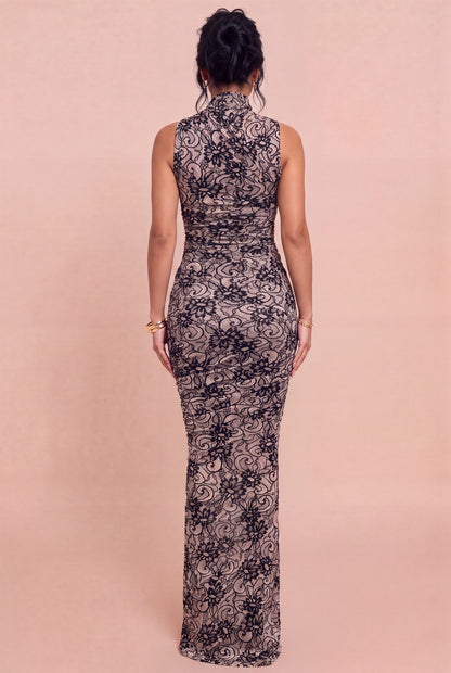 Lace Mesh Ruched Sleeveless Maxi Dress