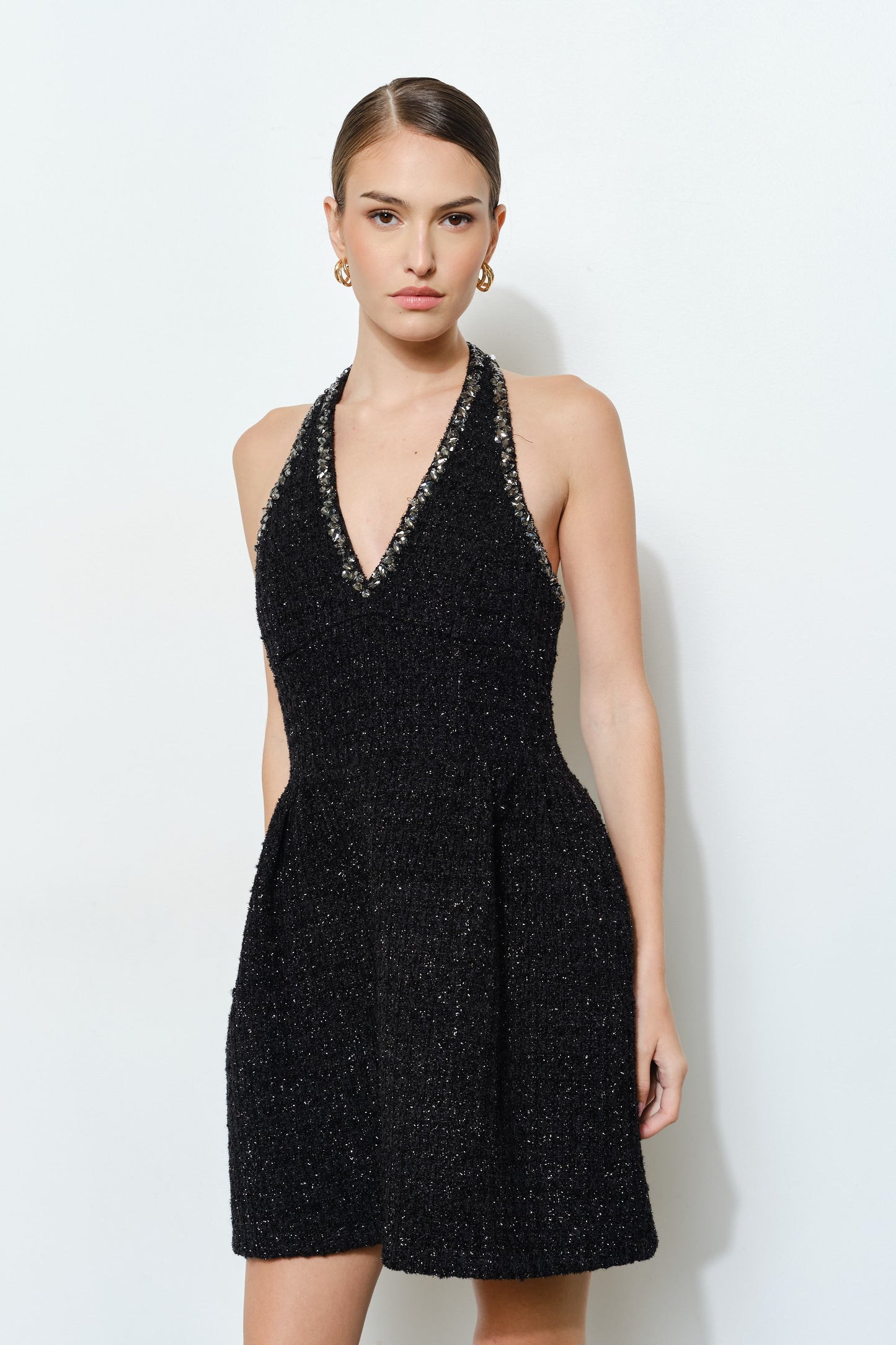 Lurex Glitter Tweed Rhinestone Trim Flare Halter Dress