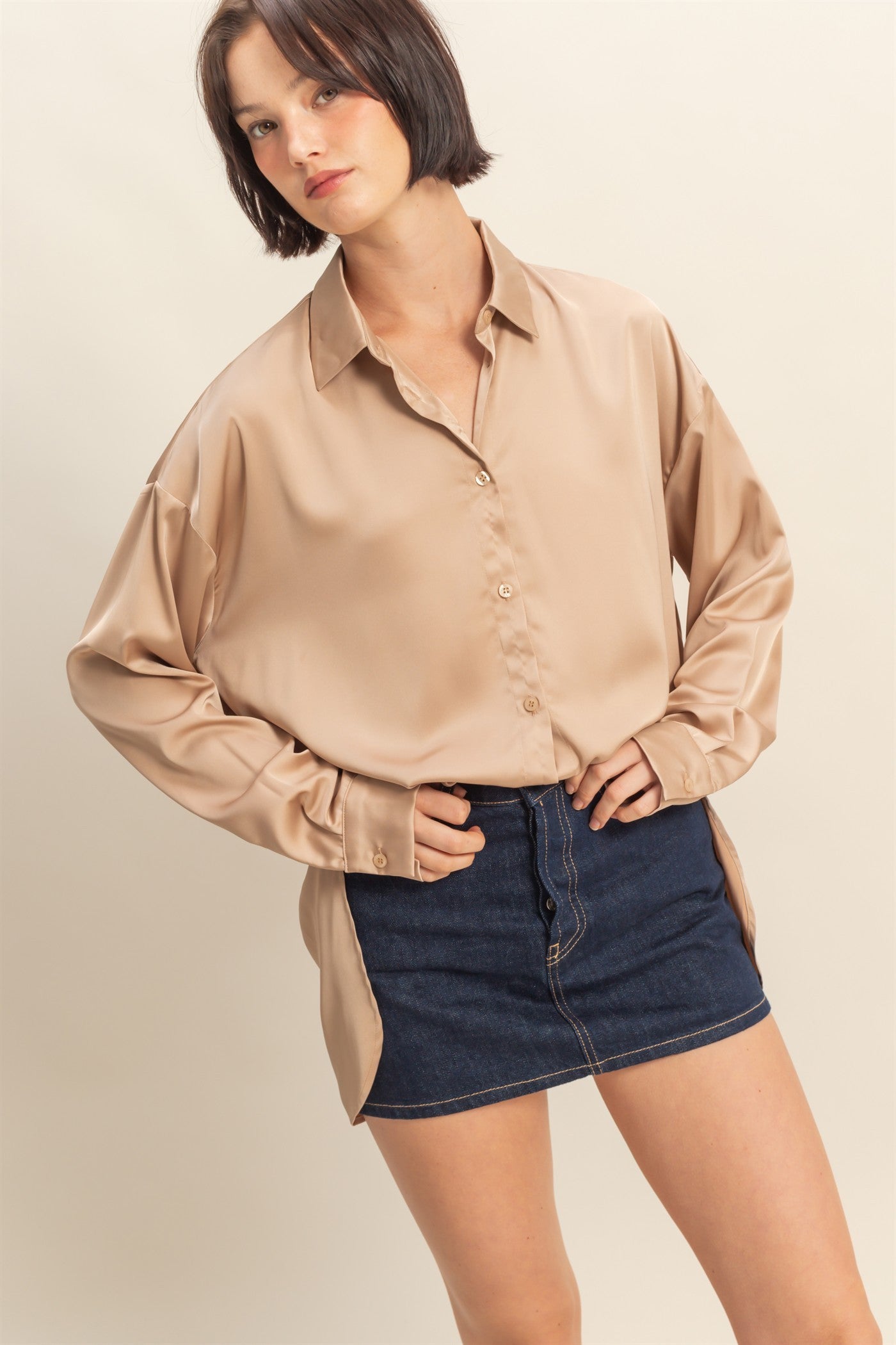 Long Sleeve Oversized Satin Shirt