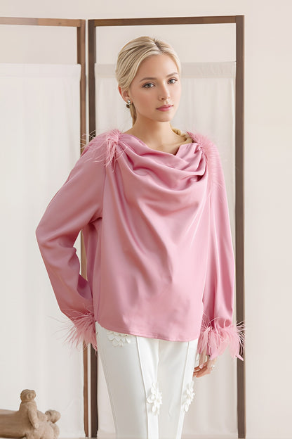 Feather Trim Draped Satin Long Sleeve Blouse