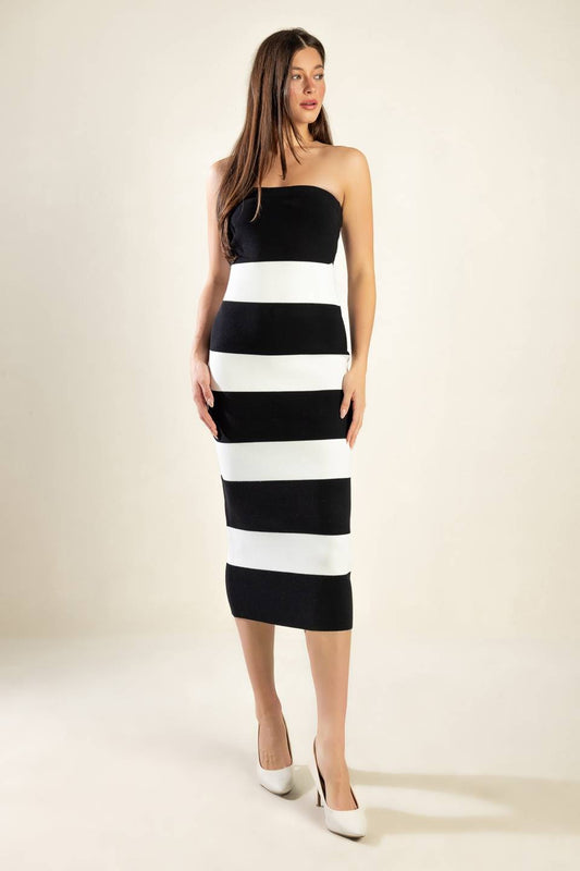 stripe strapless knit midi dress