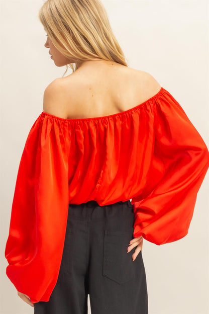 Balloon Sleeve Off the Shoulder Satin Blouse
