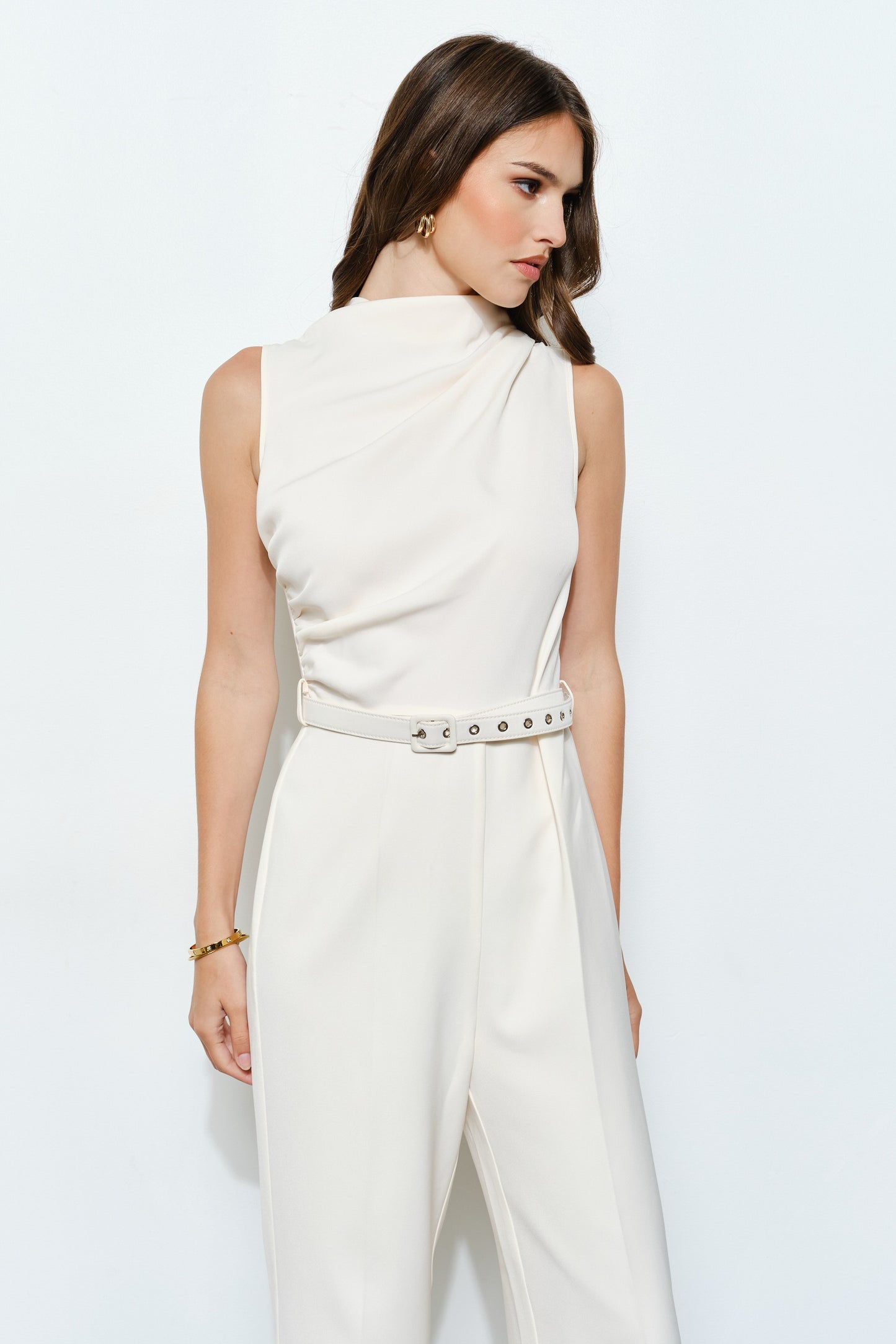 Asymmetric Draped Belted Sleeveless Jumpsuit