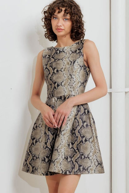 faux leather snakeskin fit & flare sleeveless dress