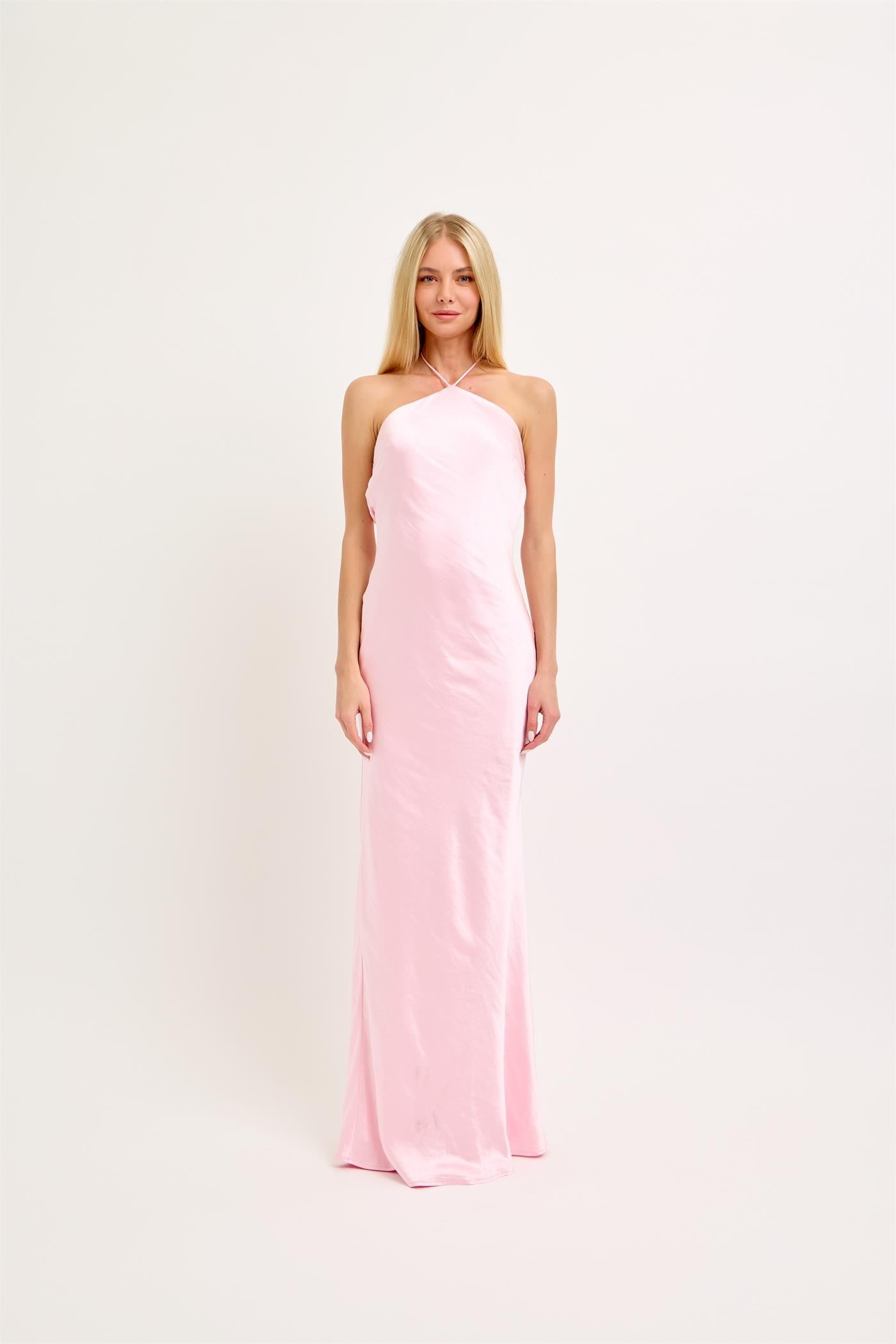 bow back satin maxi dress