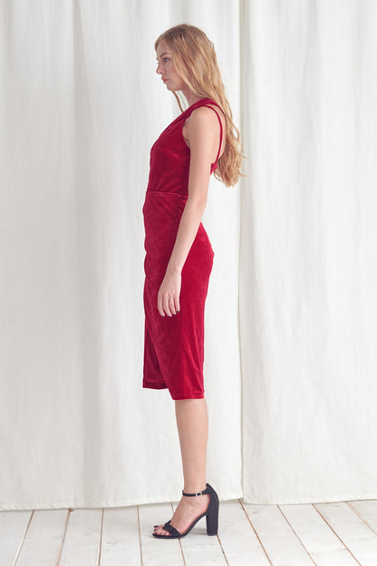 one shoulder velvet sleeveless midi dress