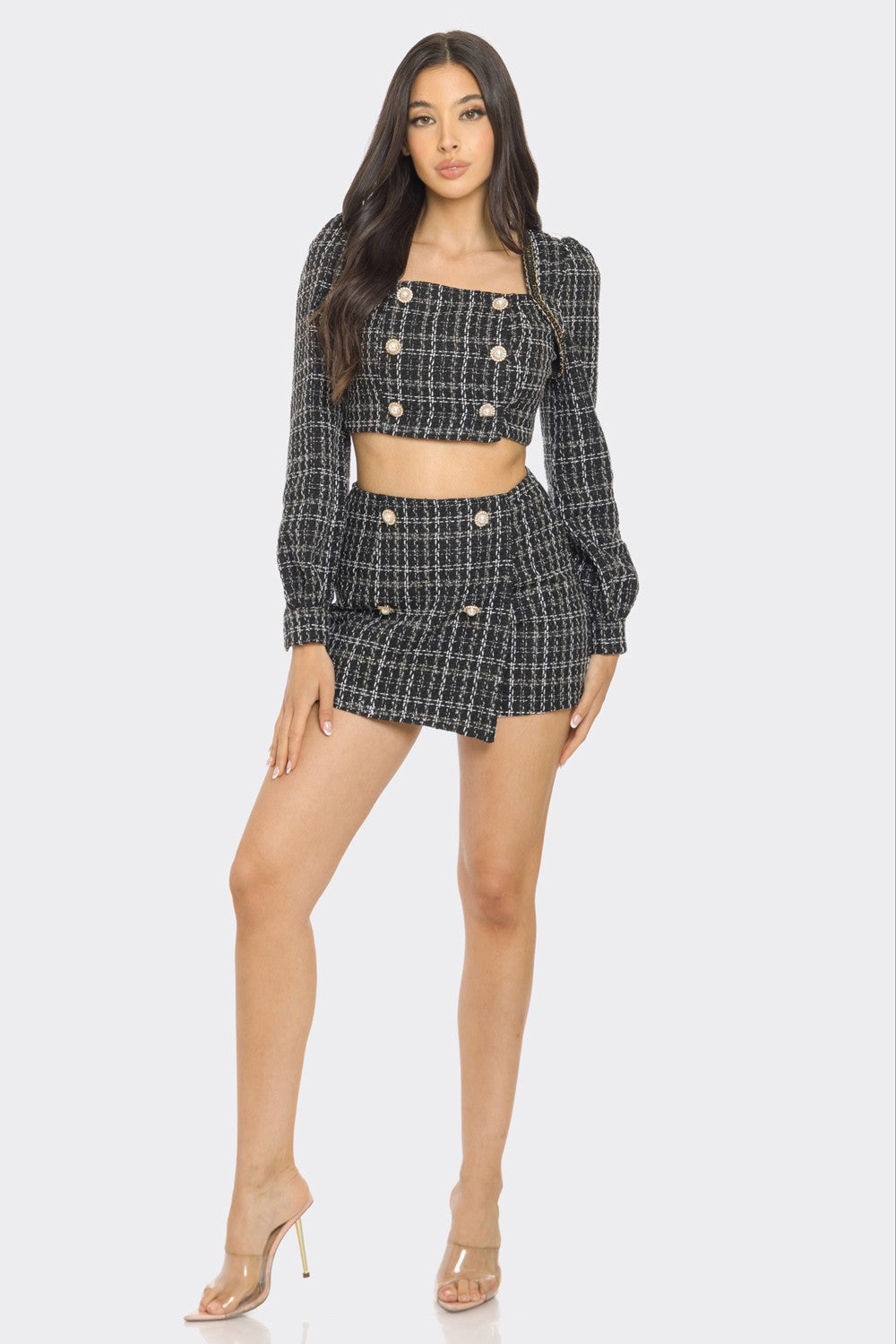 2pc set- tweed long sleeve crop top & skort