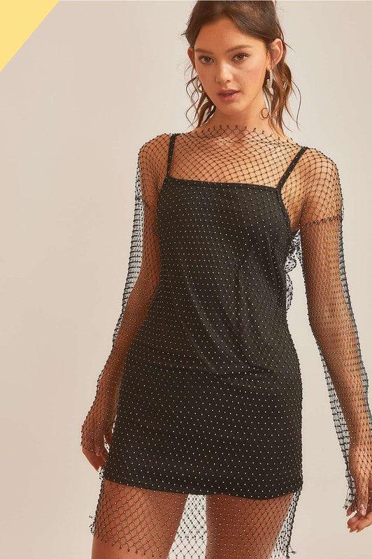 long sleeve mesh rhinestone overlay mini dress - alomfejto