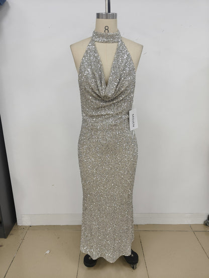 choker cowl neck sequin maxi dress