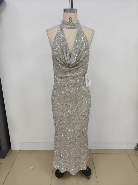 choker cowl neck sequin maxi dress