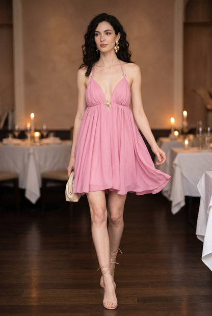 Flared Halter Mini Dress With Open Back