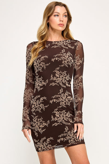Floral Mesh Long Sleeve Mini Dress