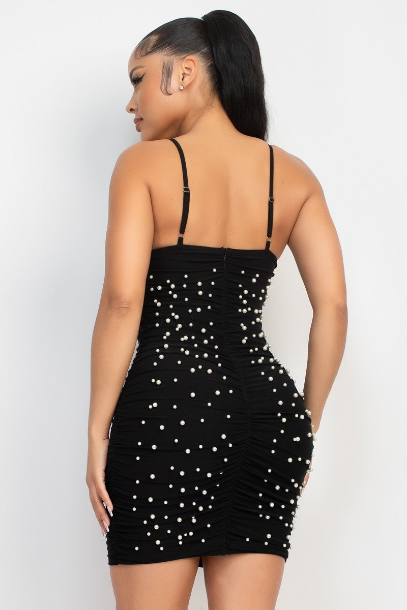 Cowl Neck Pearl Studded Ruched Dress