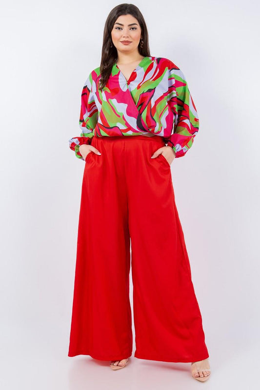 PLUS 2pc set- printed blouse & wide leg pants