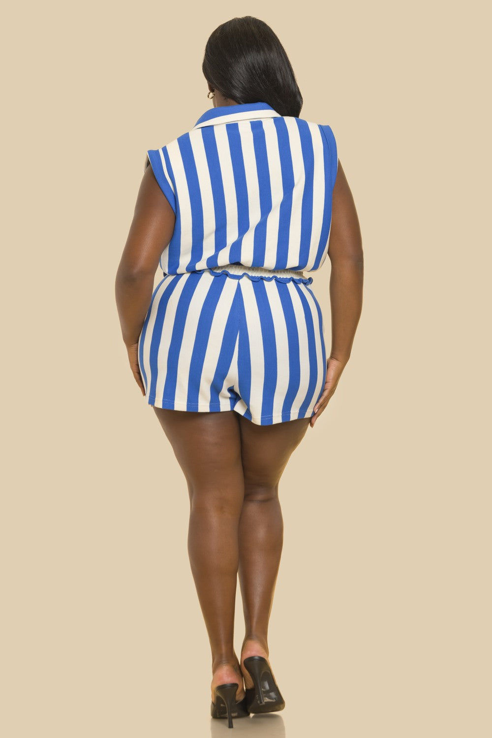PLUS 2pc set- vertical stripe collared top & high waist shorts