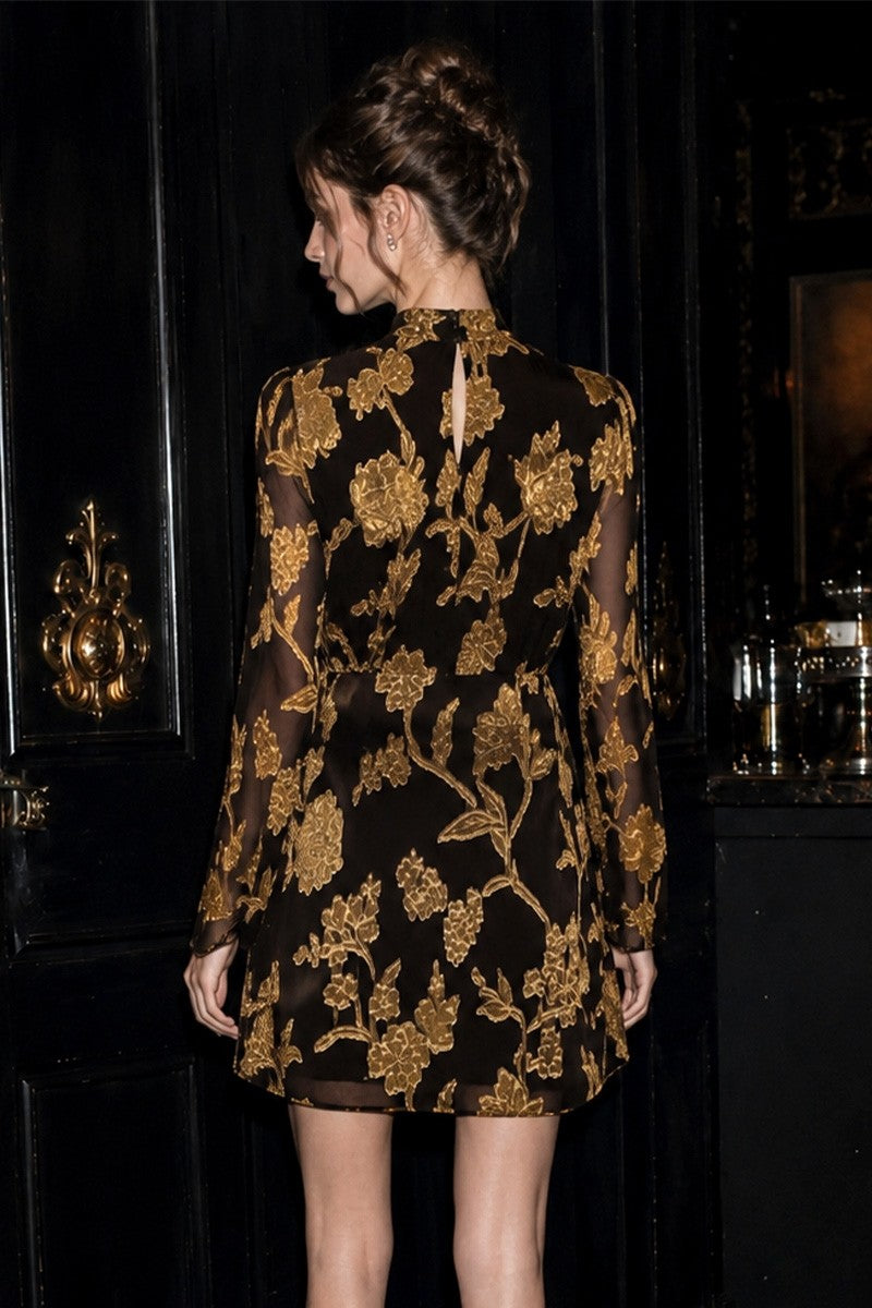 Mock Neck Floral Jacquard Long Sleeve Dress