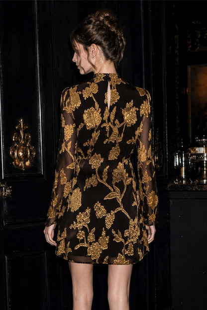 Mock Neck Floral Jacquard Long Sleeve Dress