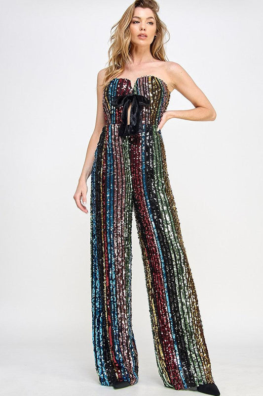 strapless sequin striped jumpsuit - RK Collections Boutique