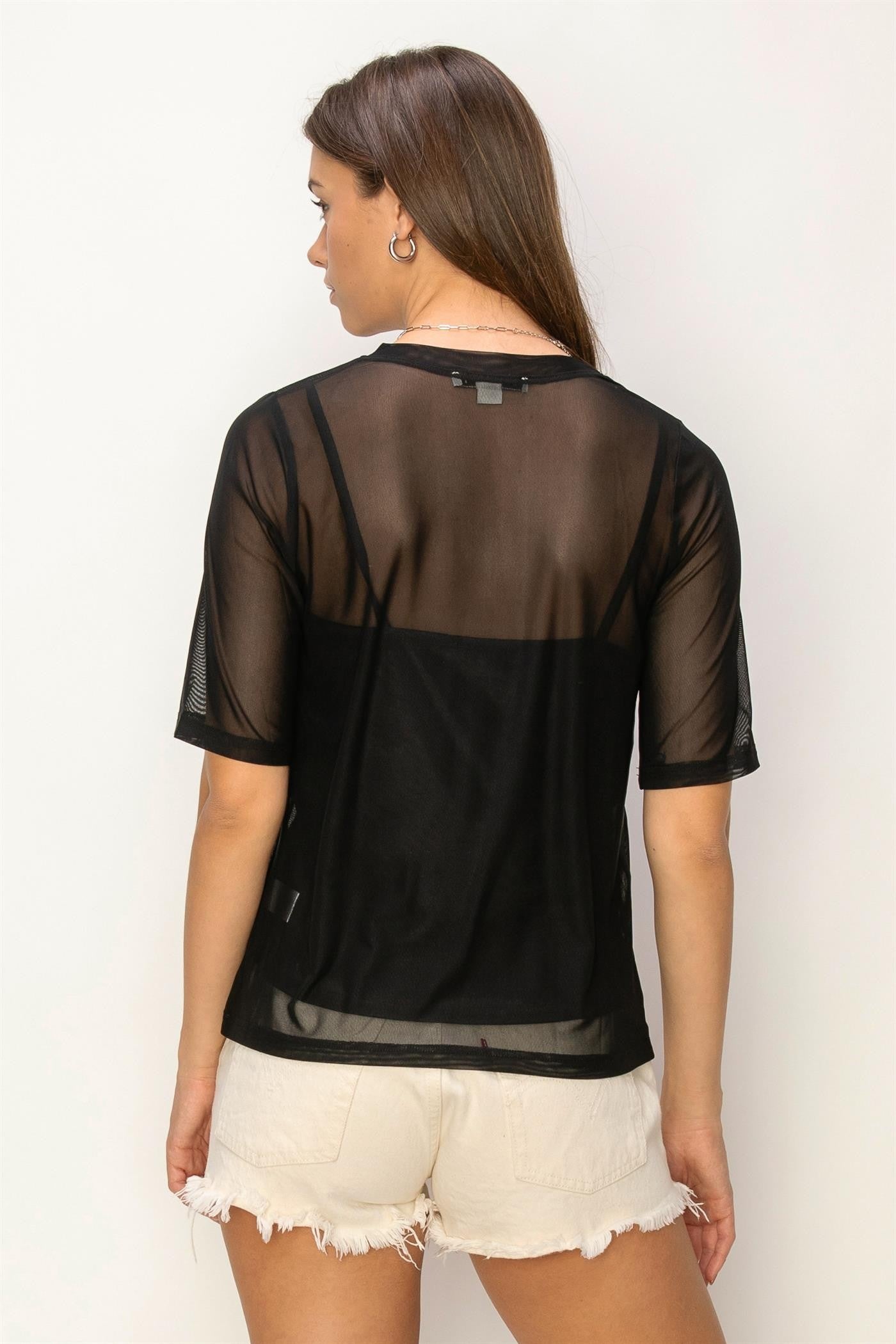 lined short sleeve mesh top
