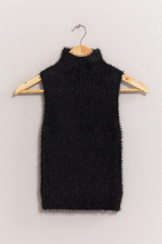 fuzzy mock neck sleeveless knit top