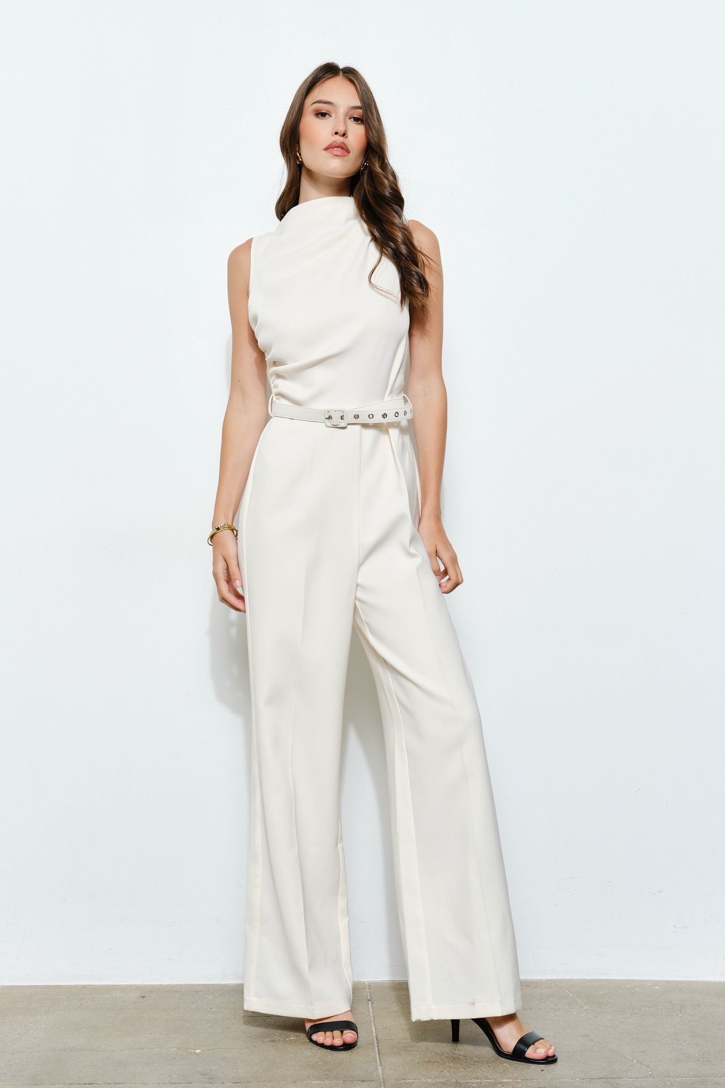 Asymmetric Draped Belted Sleeveless Jumpsuit