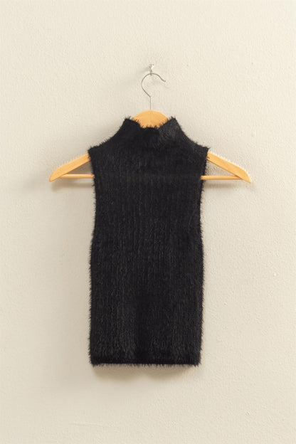 Ribbed Sleeveless High Neck Knit Top
