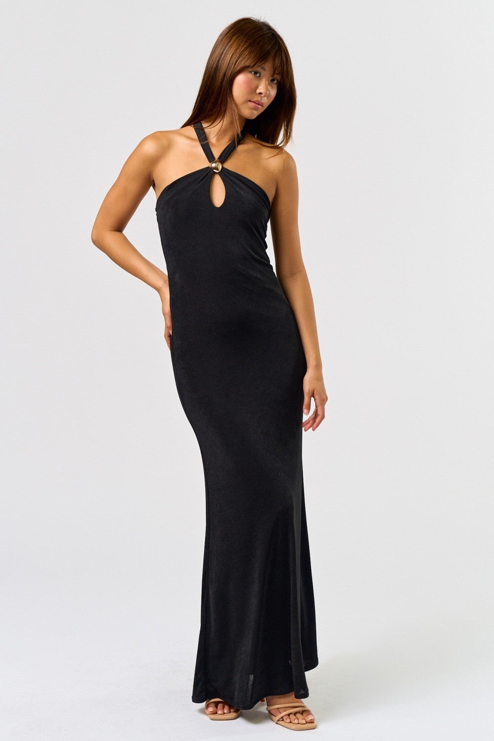 Glam Metal Trim Halter Maxi Dress