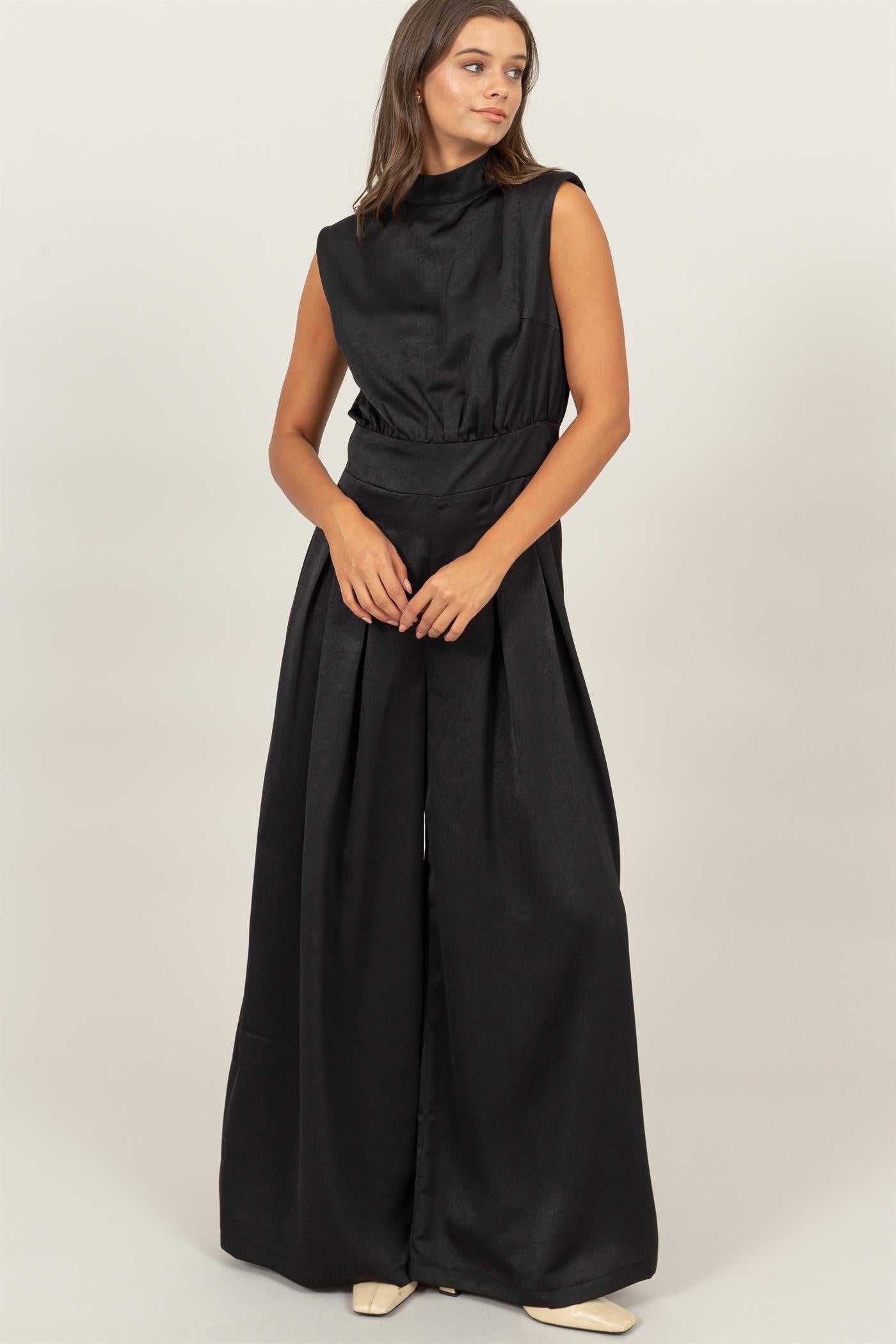 satin sleeveless wide leg jumpsuit