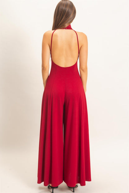 Sleeveless Halter Open Back Wide Leg Jumpsuit