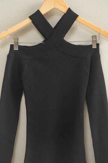Ribbed Knit Halter Off The Shoulder Top