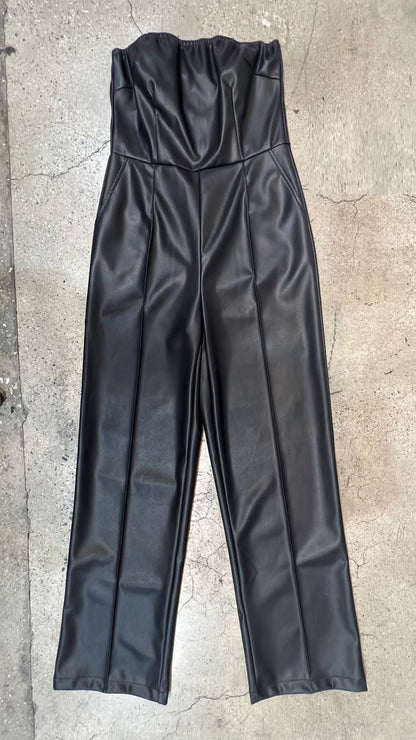faux leather strapless jumpsuit