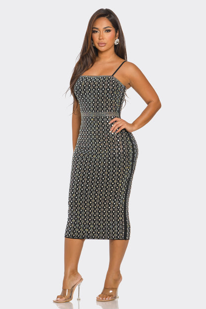 rhinestone sleeveless midi dress