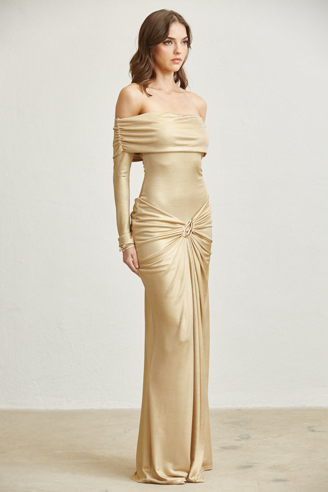 gathered waist off the shoulder long sleeve maxi dress