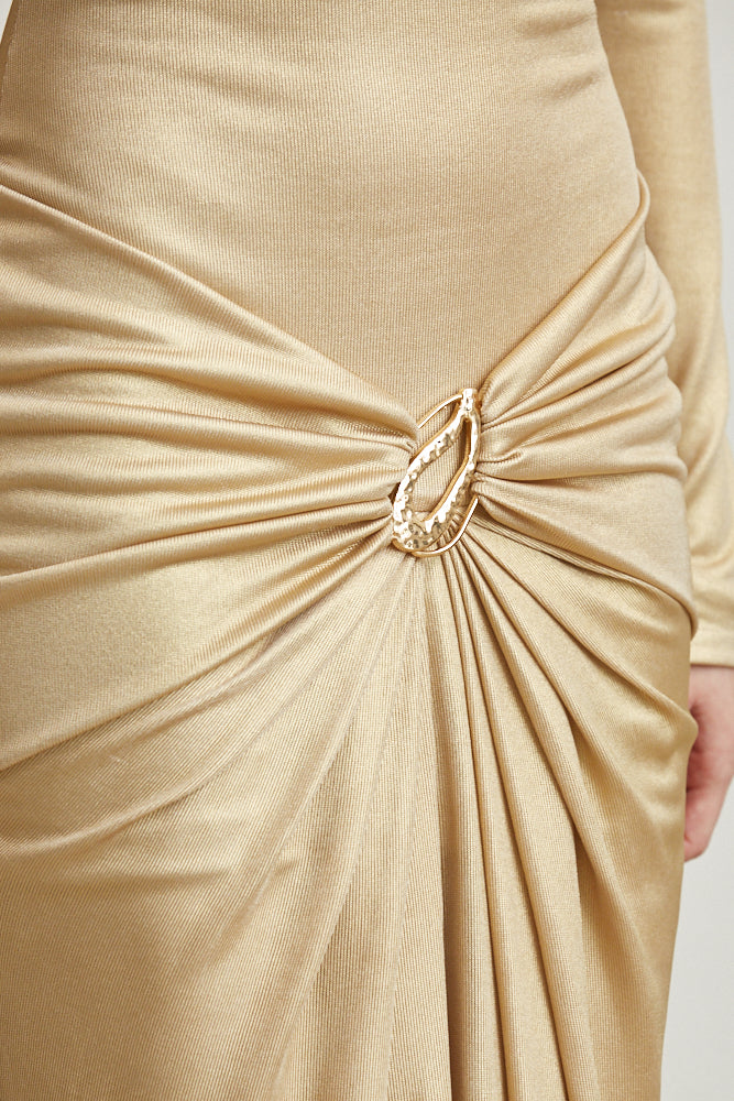 gathered waist off the shoulder long sleeve maxi dress