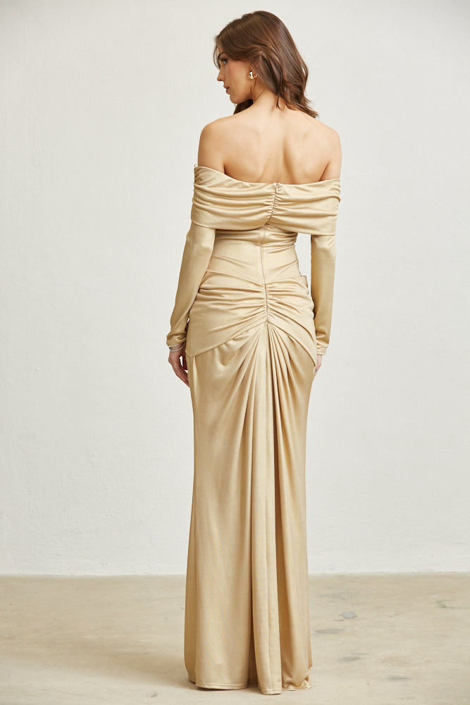 gathered waist off the shoulder long sleeve maxi dress