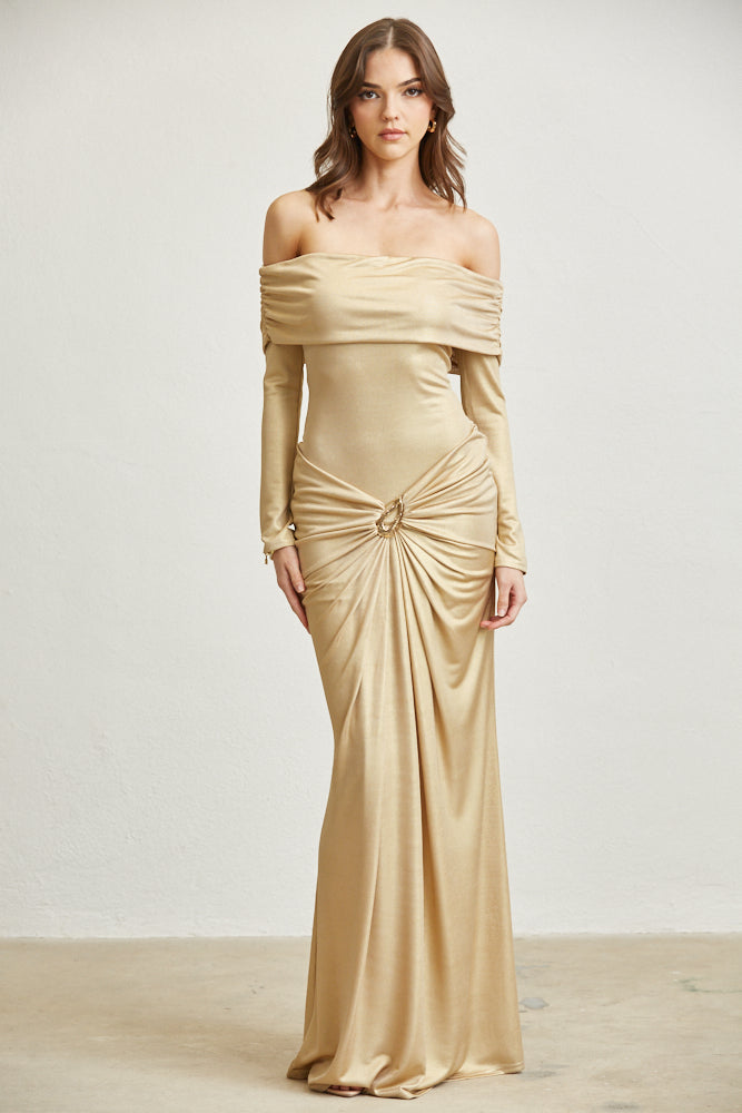 gathered waist off the shoulder long sleeve maxi dress