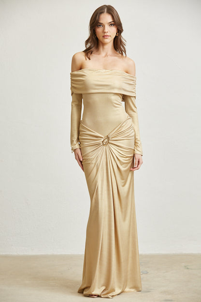 gathered waist off the shoulder long sleeve maxi dress