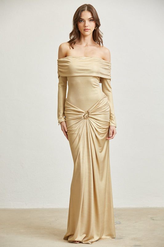 gathered waist off the shoulder long sleeve maxi dress