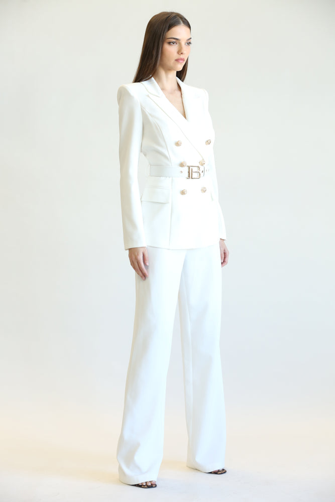 belted double breasted pants suit