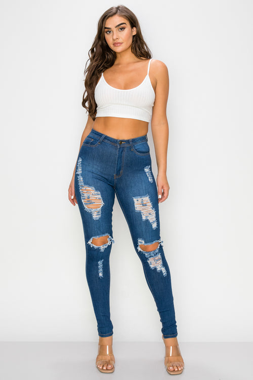 LO-194 High waist stretch distressed skinny jeans