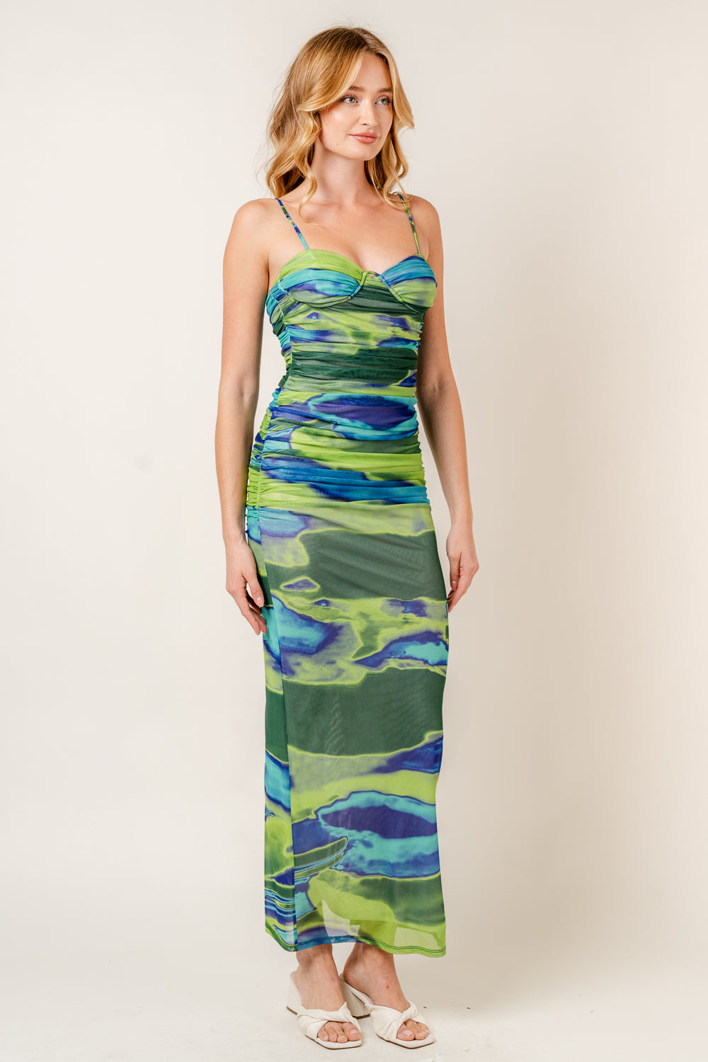 print ruched underwire bustier mesh maxi dress
