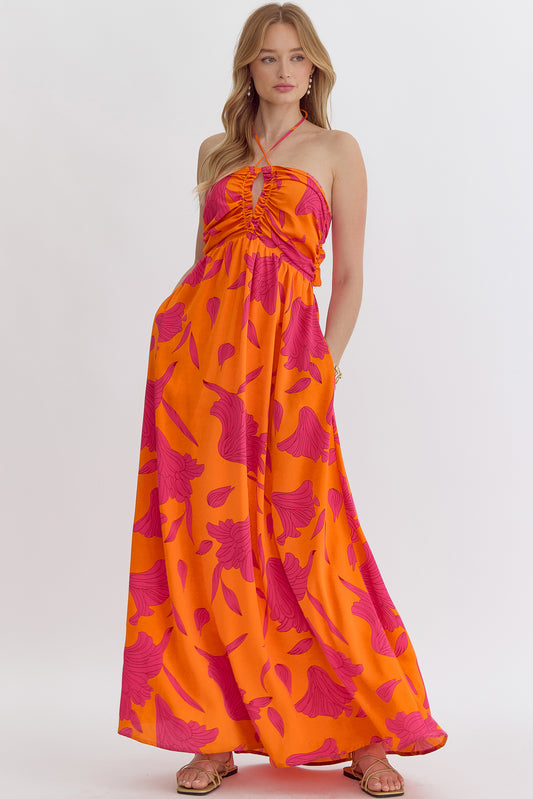 floral v-neck flowy halter maxi dress