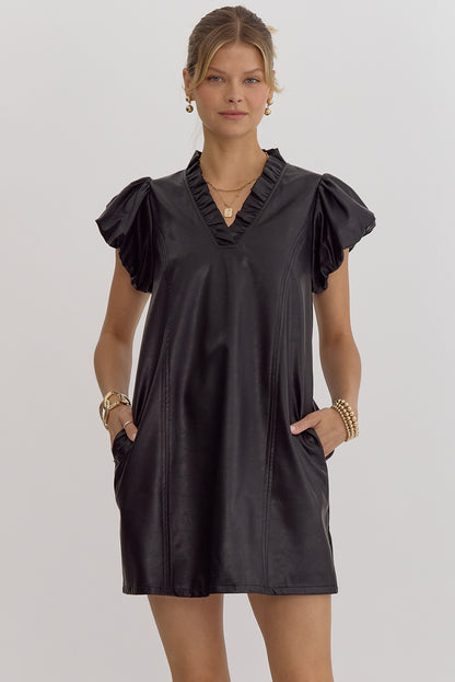 faux leather puff sleeve ruffled v neck dress