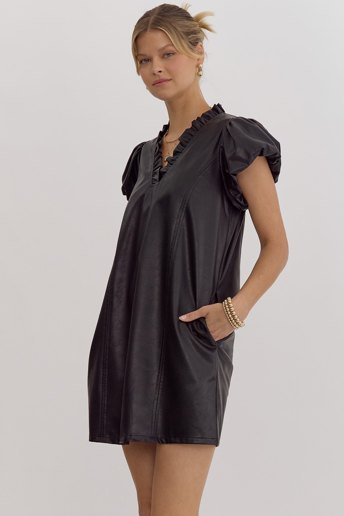 faux leather puff sleeve ruffled v neck dress Black / Small faux leather puff sleeve ruffled v neck dress Black / Small