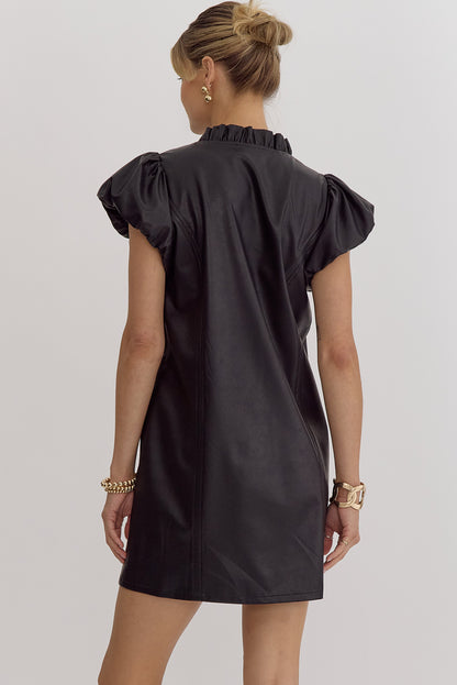 faux leather puff sleeve ruffled v neck dress