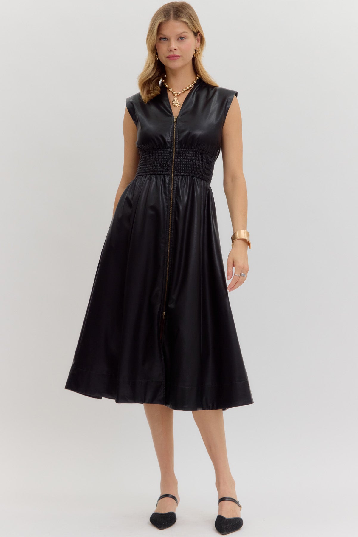 zip front faux leather sleeveless flared midi dress