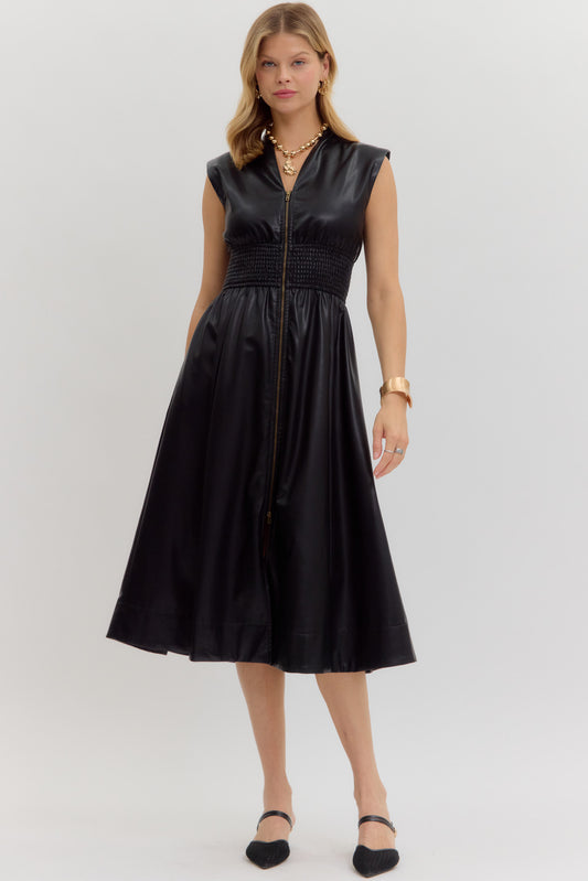 zip front faux leather sleeveless flared midi dress