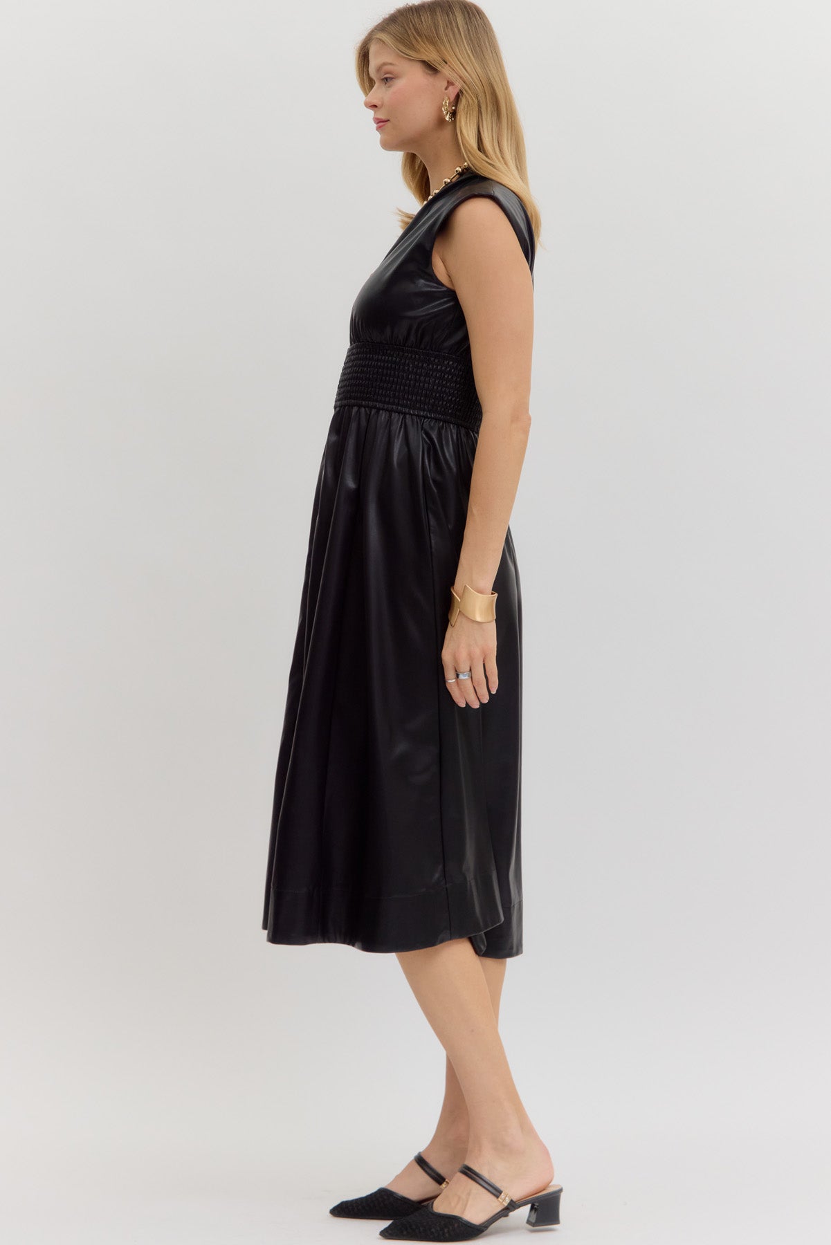 zip front faux leather sleeveless flared midi dress